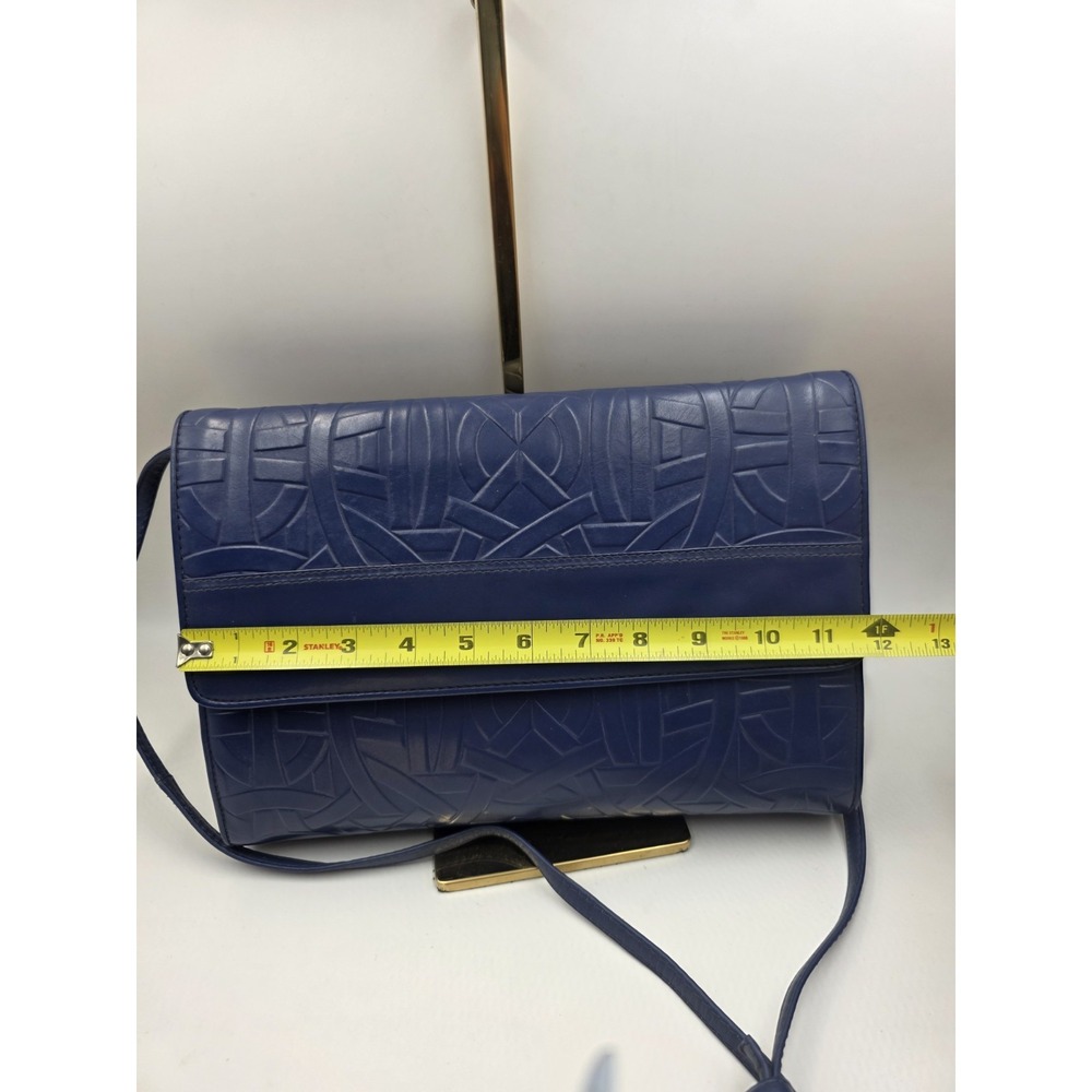 VTG‎ Blue Soft Leather Clutch Crossbody Purse Geometric Embossed Flap 12x9 - Picture 13 of 14